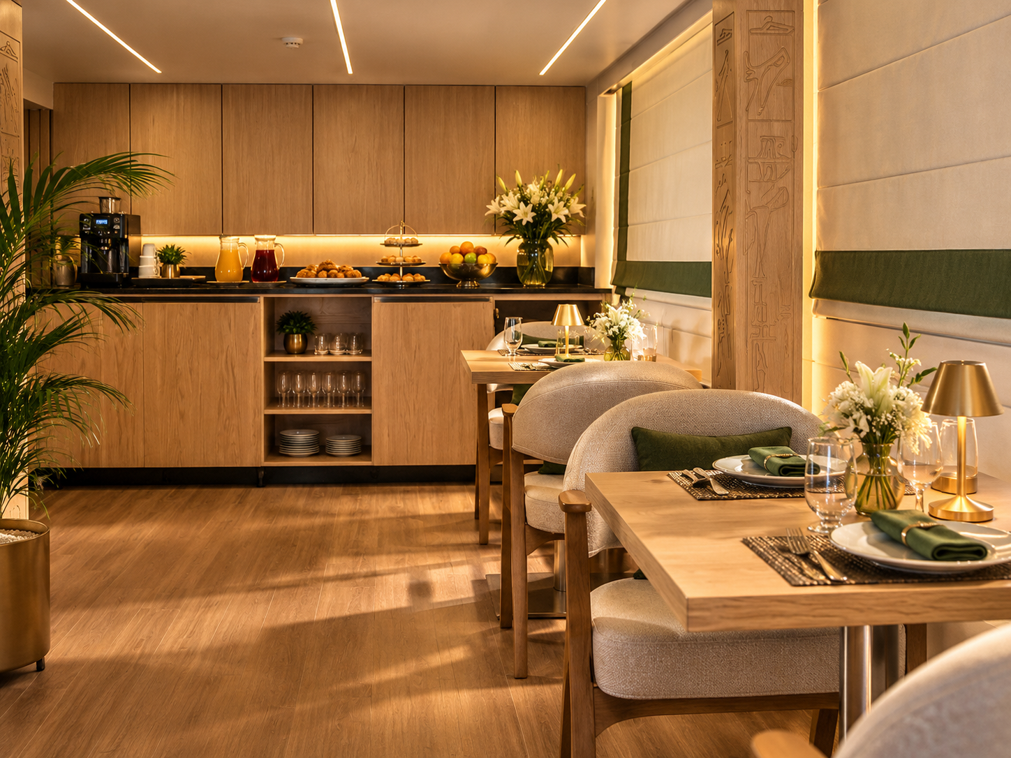 Captain’s Lounge self-service bar with coffee station, pastries and lilies, representative imagery of Q Nile
