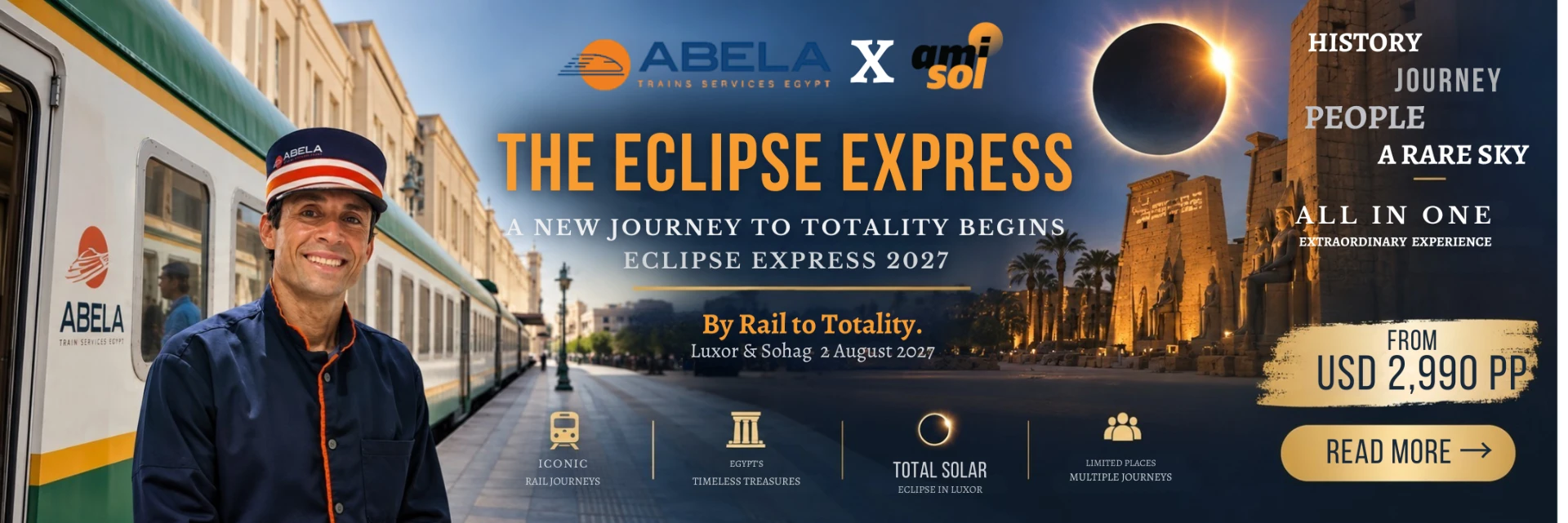 The Eclipse Express by Abela × Amisol — by rail to totality, Luxor & Sohag 2 August 2027