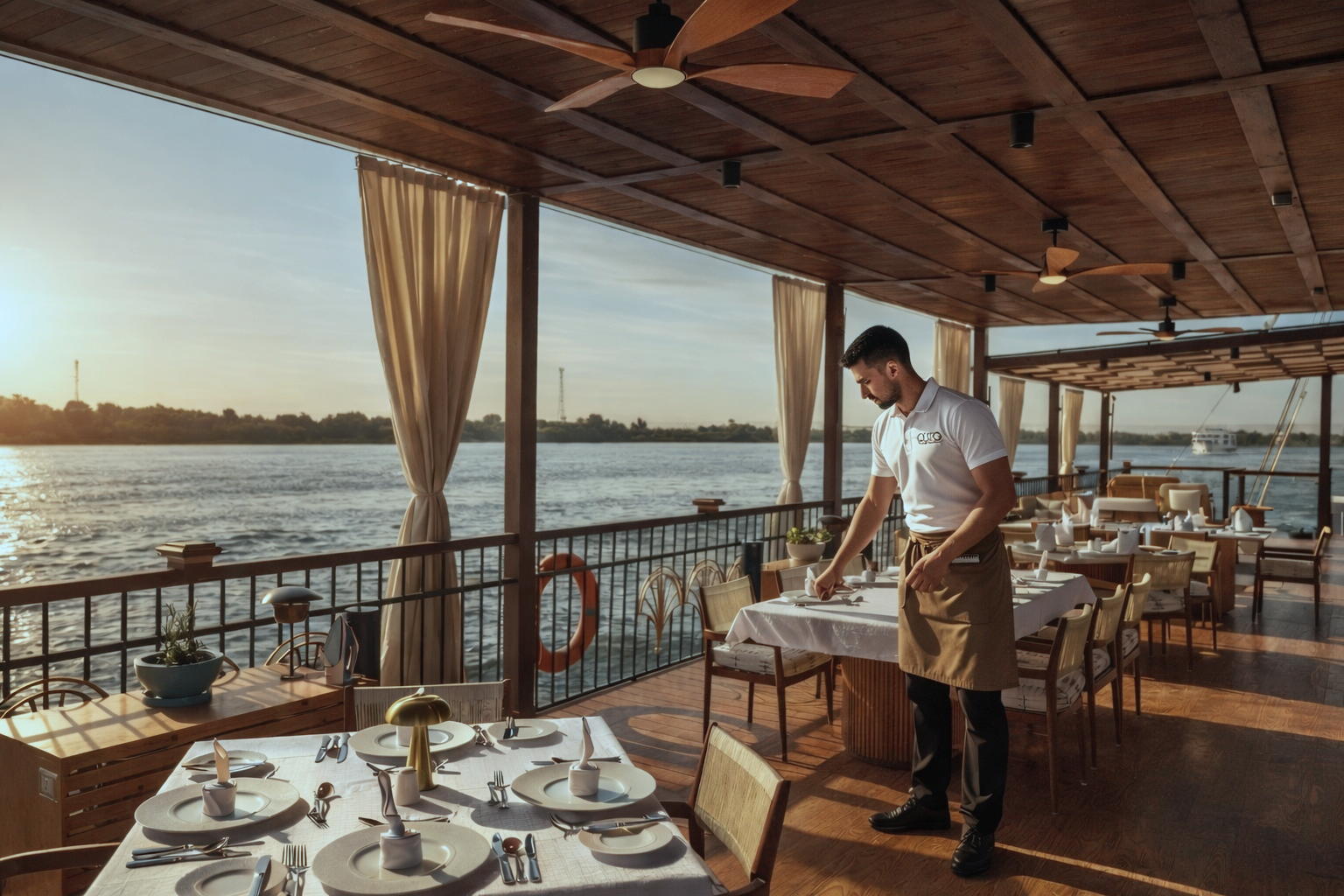 Waiter setting a table on Cleo Dahabiya's shaded riverside dining deck, sunrise light on the Nile behind him