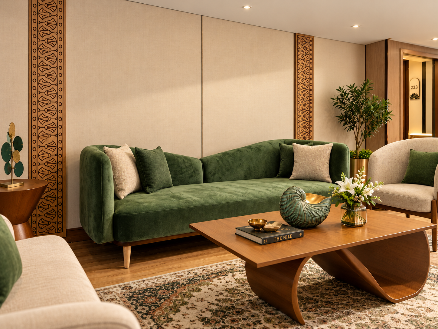 The reception lounge looking towards the cabin corridor with green velvet sofa and armchairs, representative imagery of Q Nile