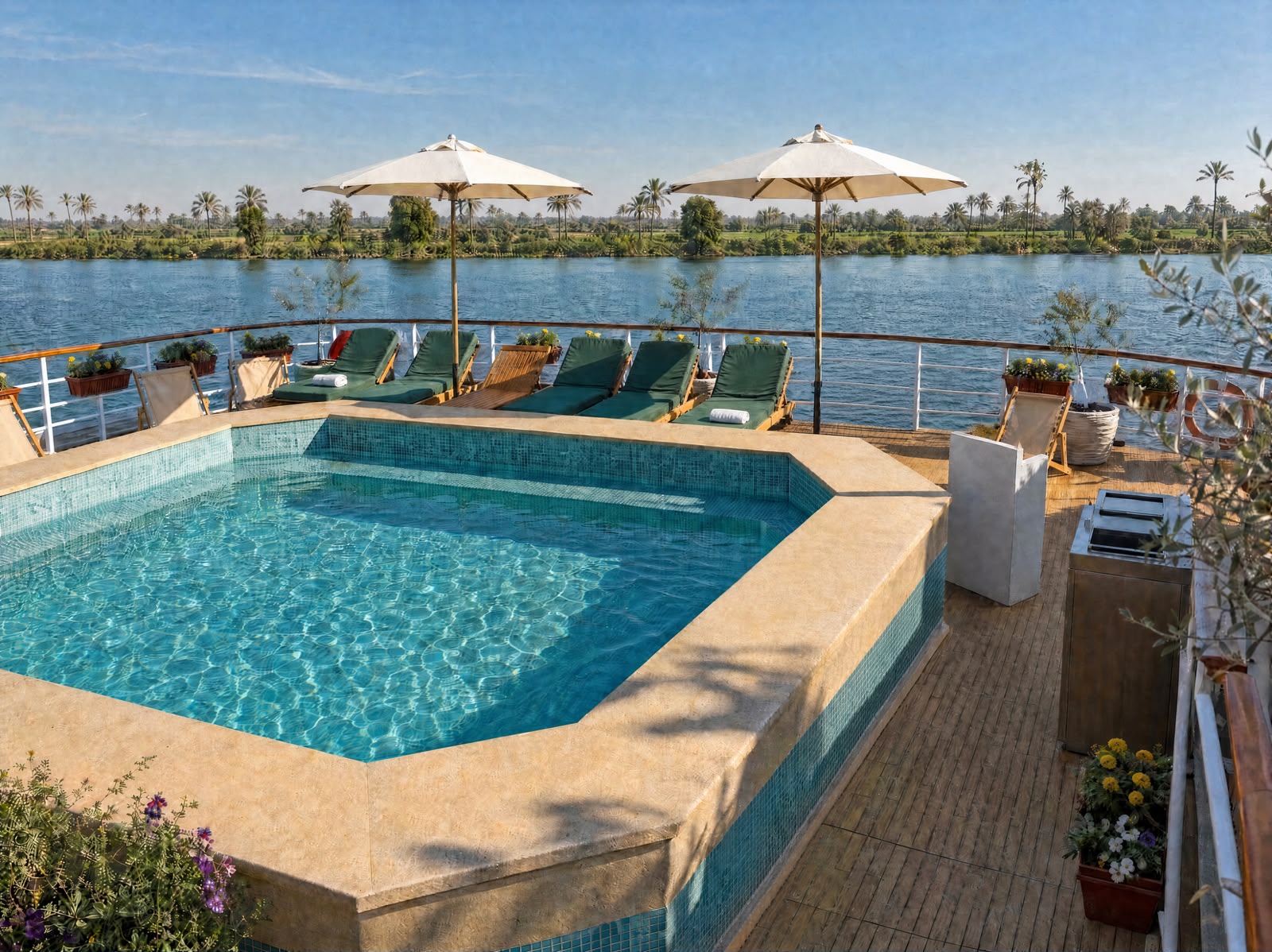 The swimming pool seen from the bow with loungers under shade umbrellas