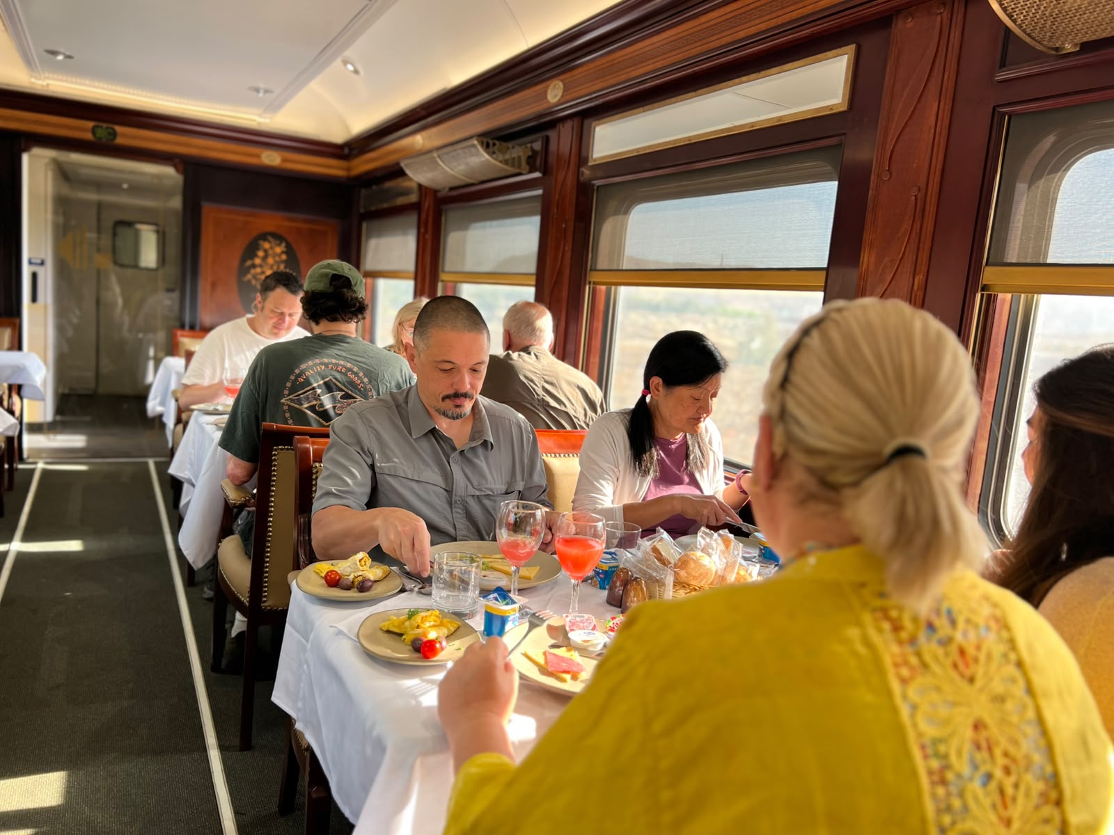 Breakfast served in the sleeper train dining car with desert views