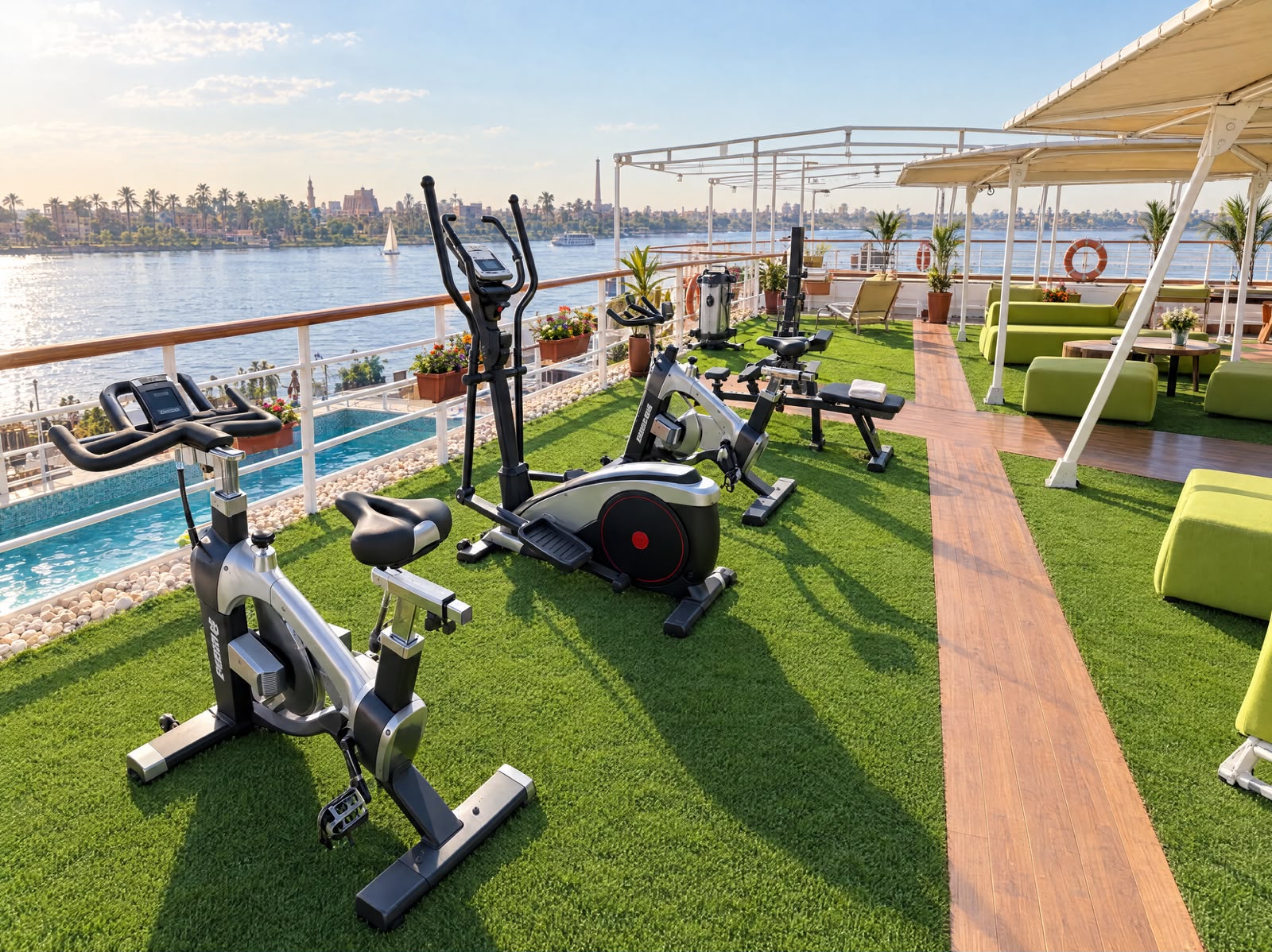 Shaded fitness corner with exercise equipment beside the pool, representative imagery of Q Nile