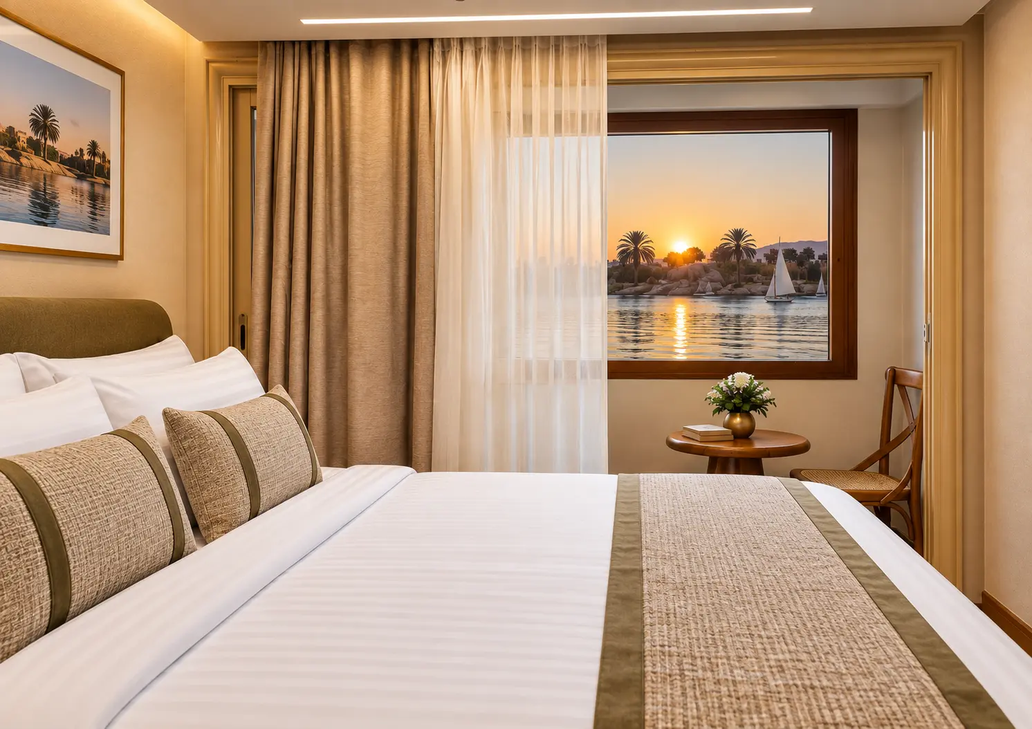Representative interior concept: Main Deck Queen with Balcony on Q Nile, view 1