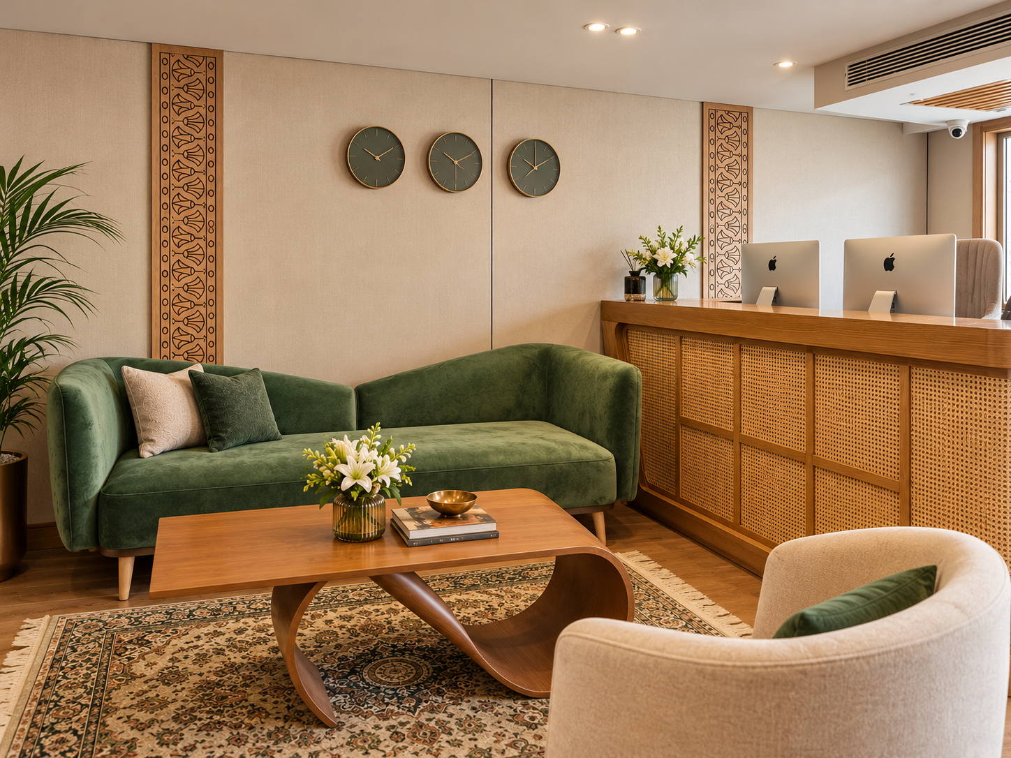 The reception desk with cane panelling, world clocks and iMac check-in stations, representative imagery of Q Nile