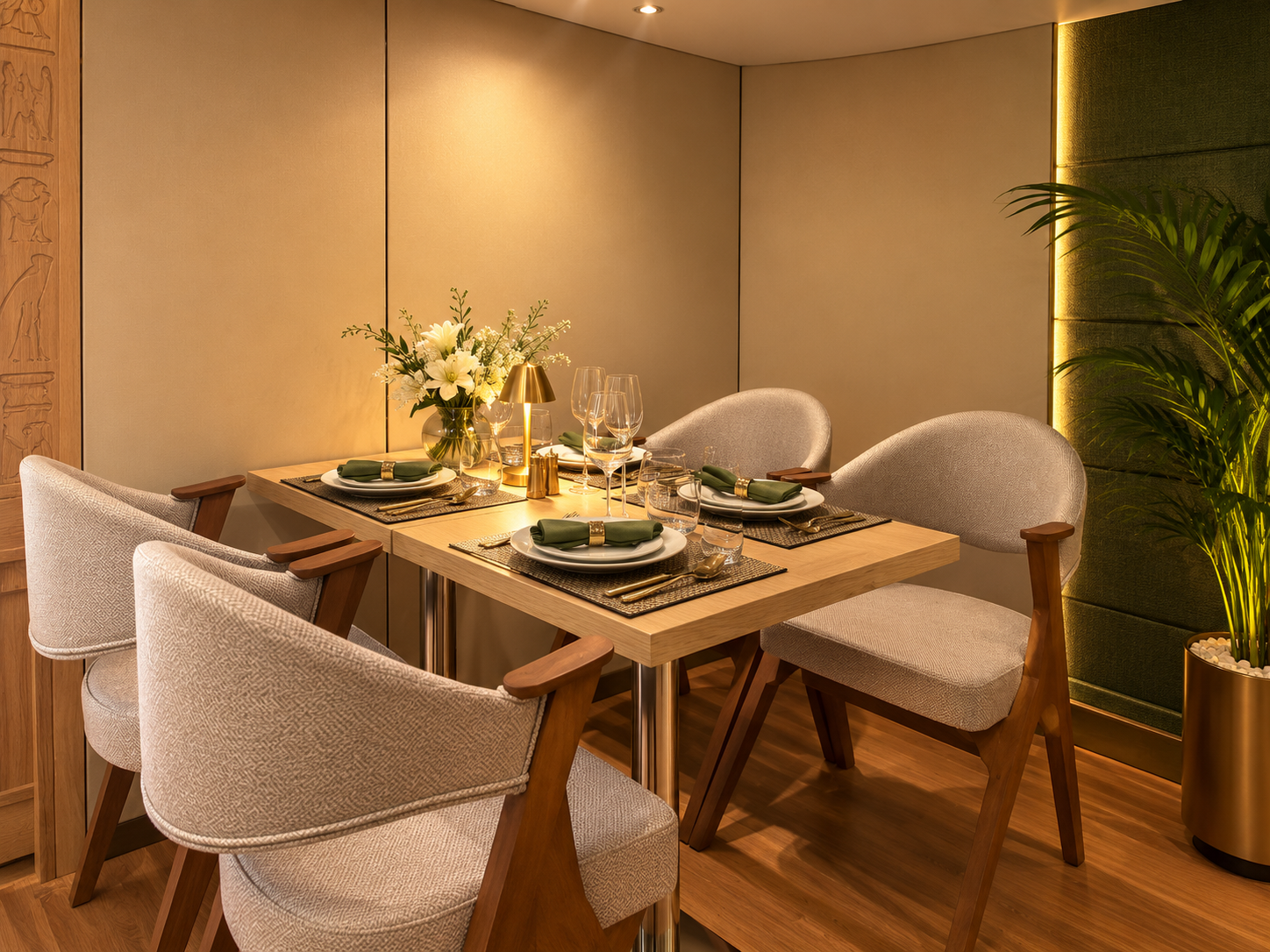 Intimate dining nook with upholstered chairs, green napkins and a carved hieroglyph panel, representative imagery of Q Nile