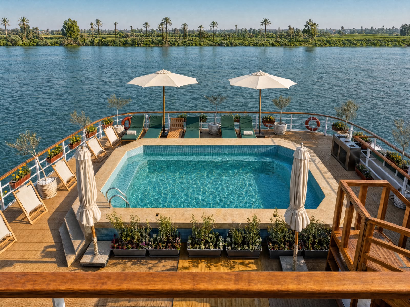 Elevated view of the swimming pool surrounded by loungers and planted flower boxes