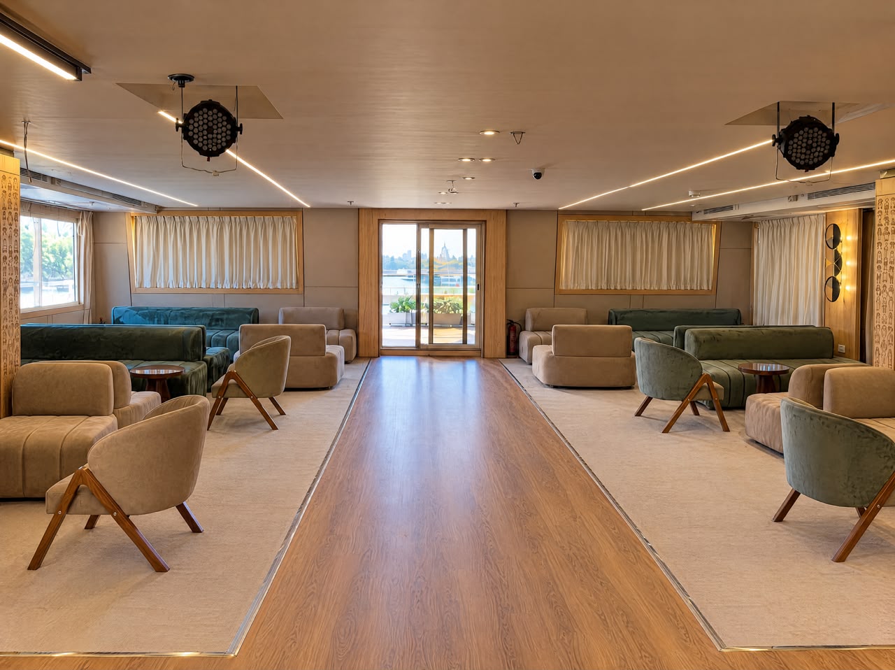 Wooden dance floor through the Moletnela lounge with doors to the deck