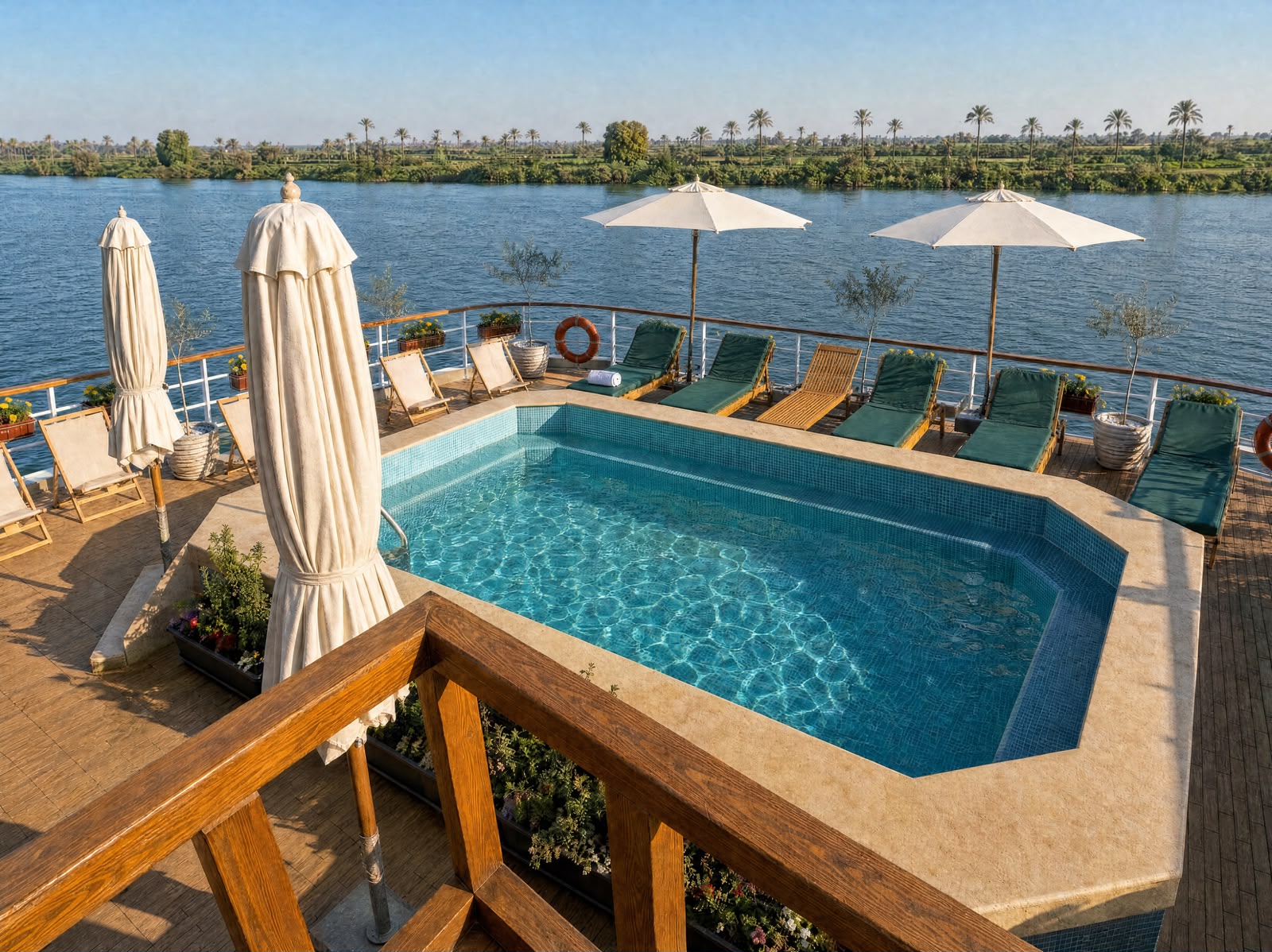 The swimming pool on the sun deck with shade umbrellas and loungers along the river railing