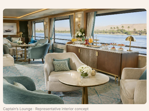 Captain’s Lounge aboard Q Nile with Nile views and a buffet spread