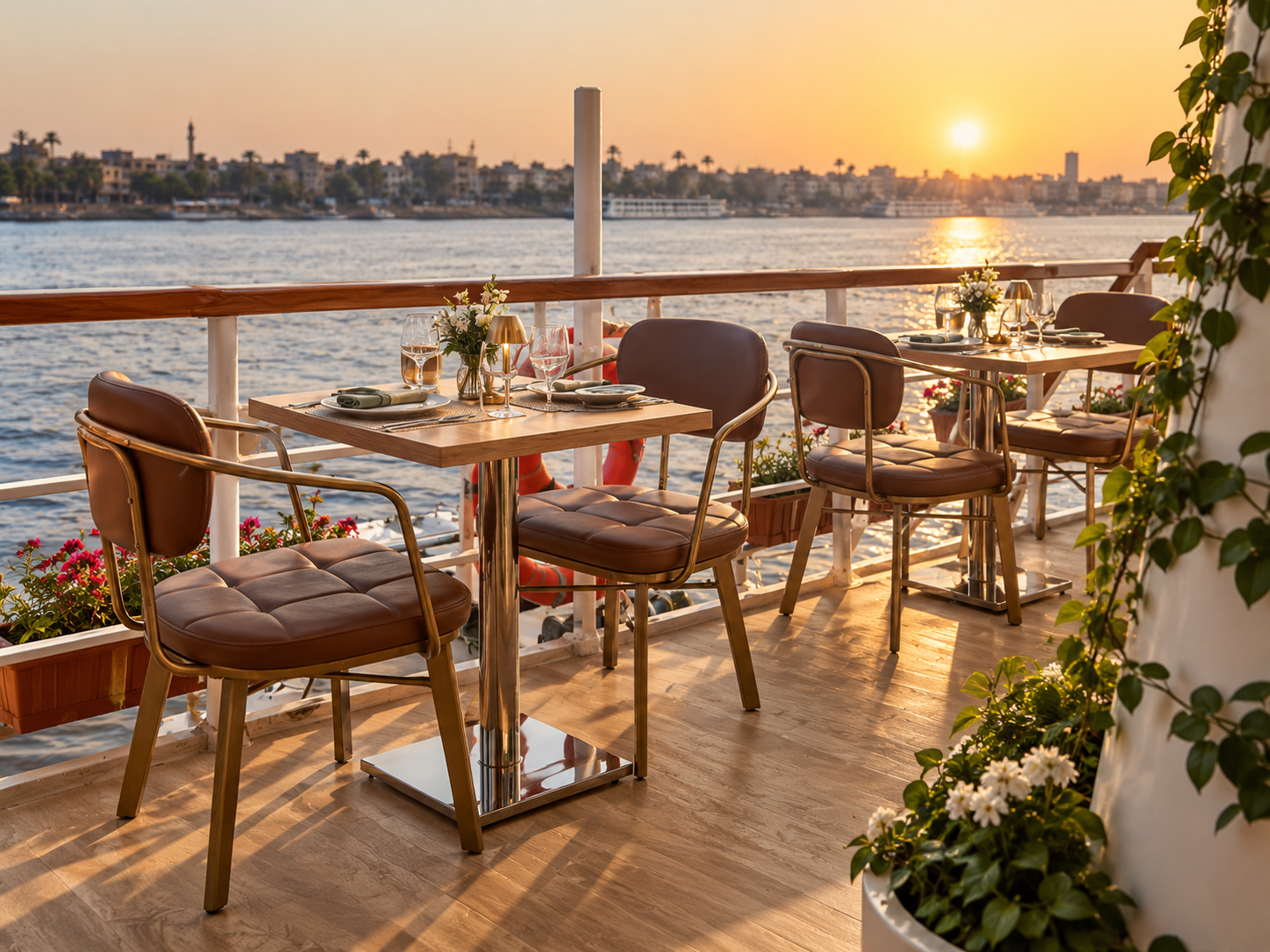 Captain’s Lounge terrace tables at golden hour overlooking the Nile, representative imagery of Q Nile