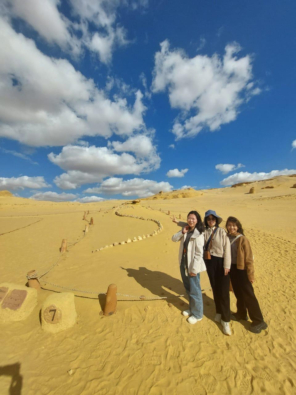 Young Chinese travellers exploring the Wadi El Hitan desert landscape in Egypt