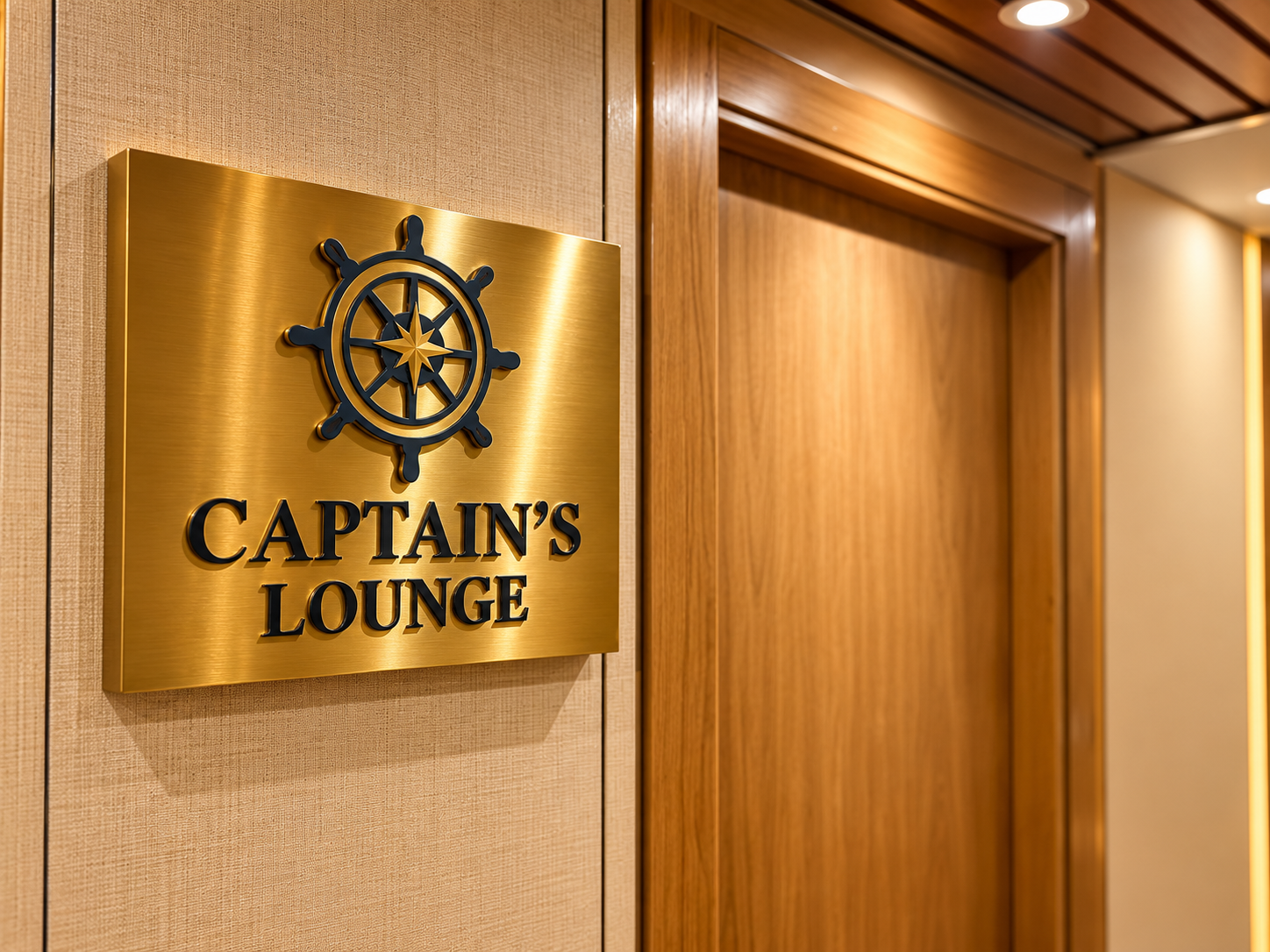 Brass Captain’s Lounge entrance sign beside a timber door, representative imagery of Q Nile