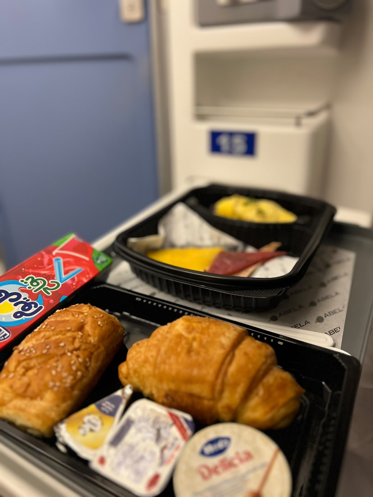 Abela breakfast tray served in a sleeper train cabin