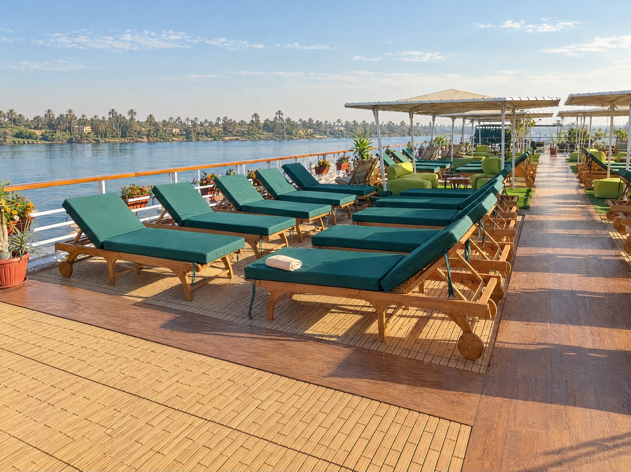 Sundeck loungers at the bow with river views, representative imagery of Q Nile