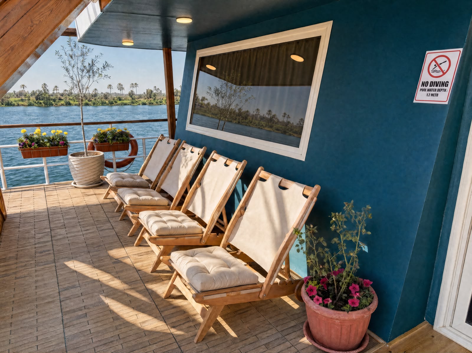 Poolside wooden lounge chairs with cushions beneath the shaded overhang