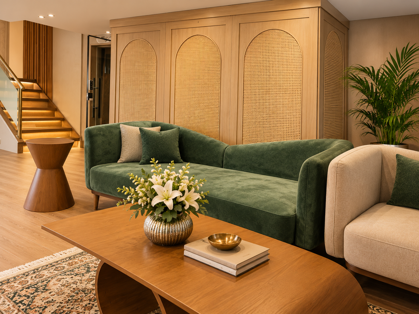 The reception lounge with curved green velvet chaise, rattan arched panelling and staircase beyond, representative imagery of Q Nile