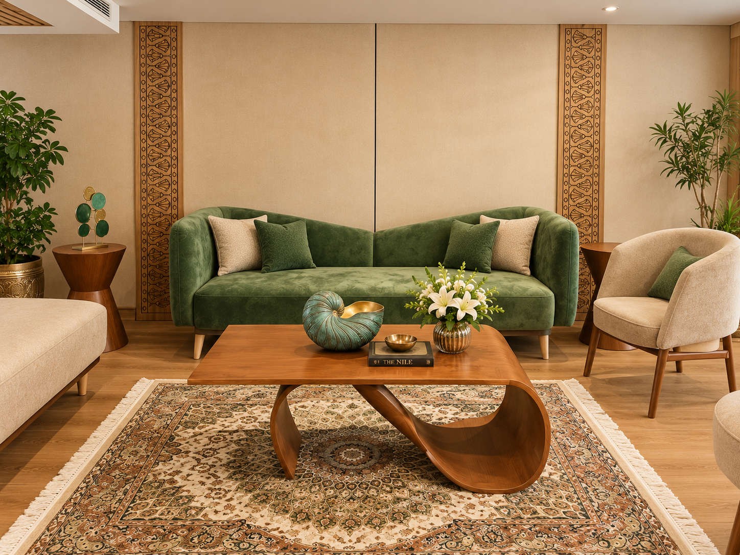 The reception lounge with green velvet sofa, carved Egyptian wall motifs and sculpted timber coffee table, representative imagery of Q Nile