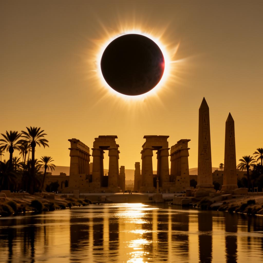 Total solar eclipse over the ancient temples of Luxor