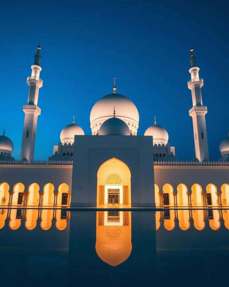 Muscat Sultan Qaboos Grand Mosque white marble domes at blue hour