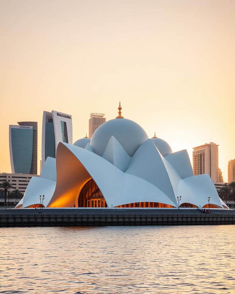 Doha Museum of Islamic Art on the Corniche waterfront at golden hour