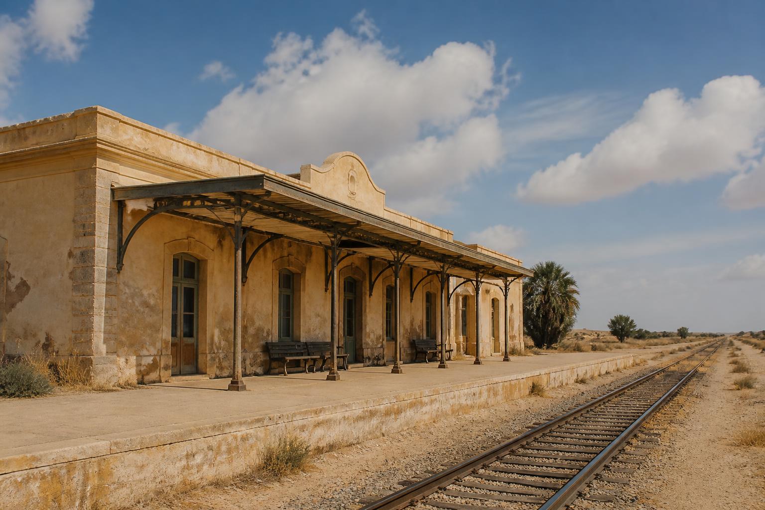 Historic El Alamein railway station building with desert railway tracks under a Mediterranean sky