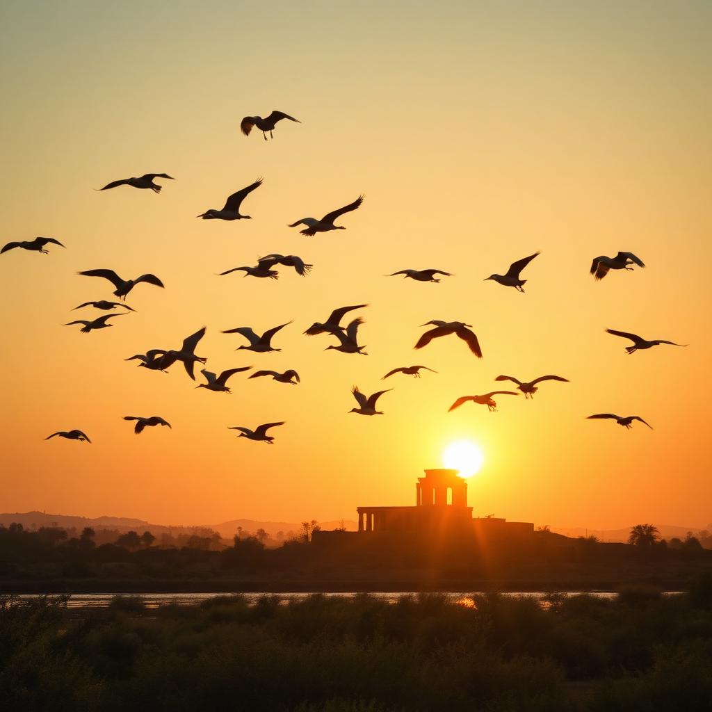 Flock of birds flying over the Nile at golden hour with ancient Egyptian temple ruins in silhouette