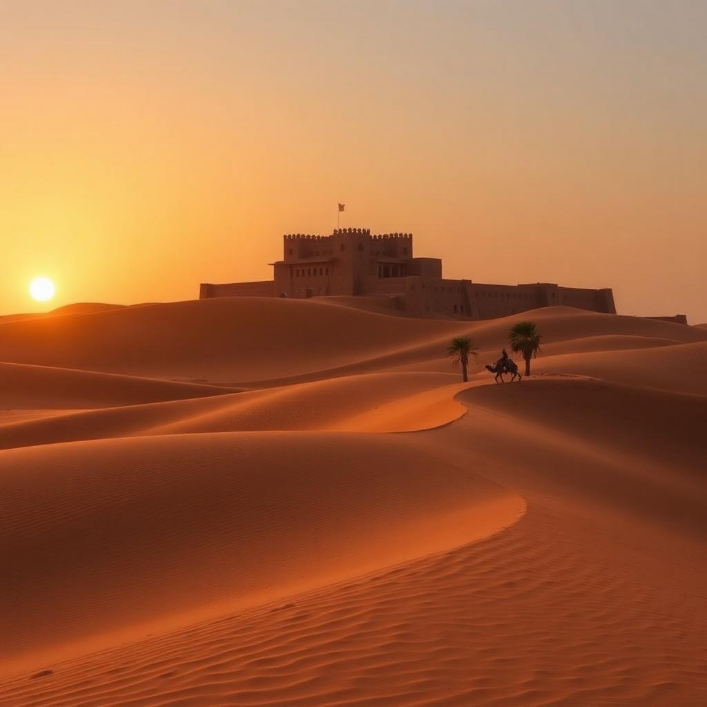 Wahiba Sands desert dunes at sunset with an Omani fort silhouette and palm oasis