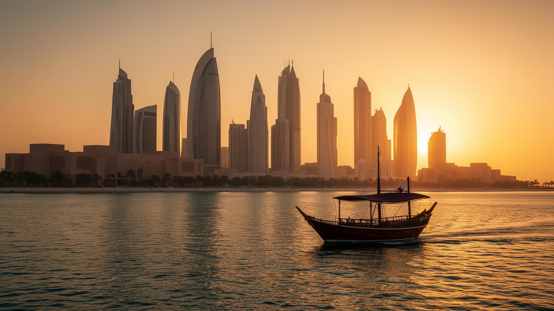 Doha skyline along the Corniche at golden hour with a traditional dhow